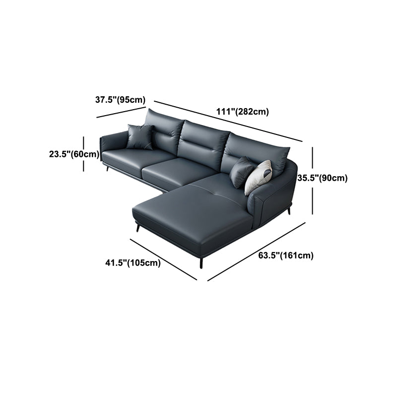 Blue Pillow Back Sectional Genuine Leather L-shape 3/4-Seat Sectional