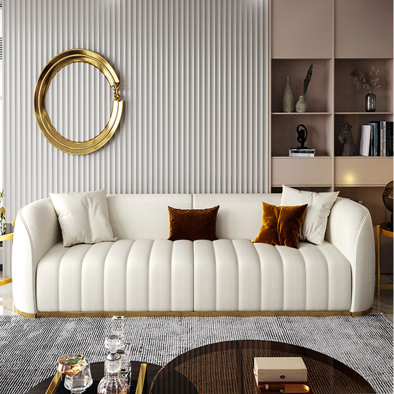 Beige Contemporary Sofa with Pillows Faux Leather Tuxedo Arm Sofa
