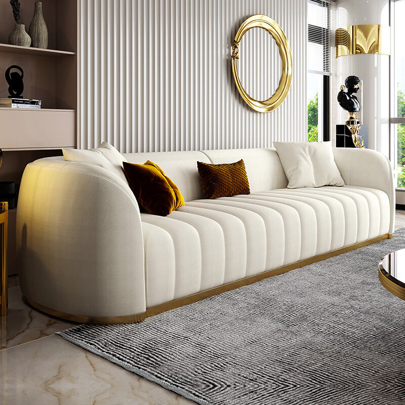 Beige Contemporary Sofa with Pillows Faux Leather Tuxedo Arm Sofa