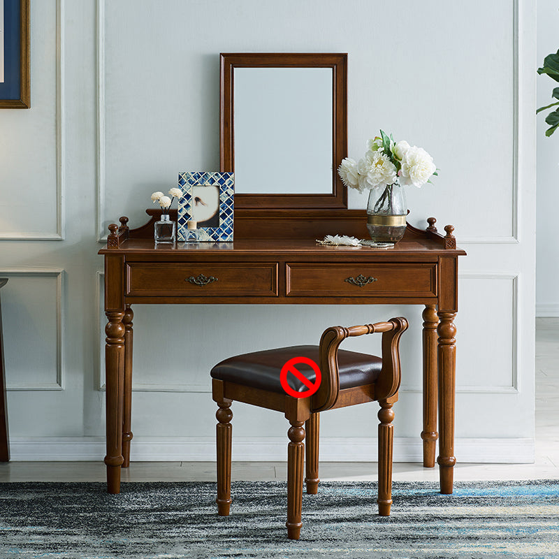 17.71" Wide Solid Wood Vanity Set with Stool Set Brown Dresser with 2-Drawer and Mirror