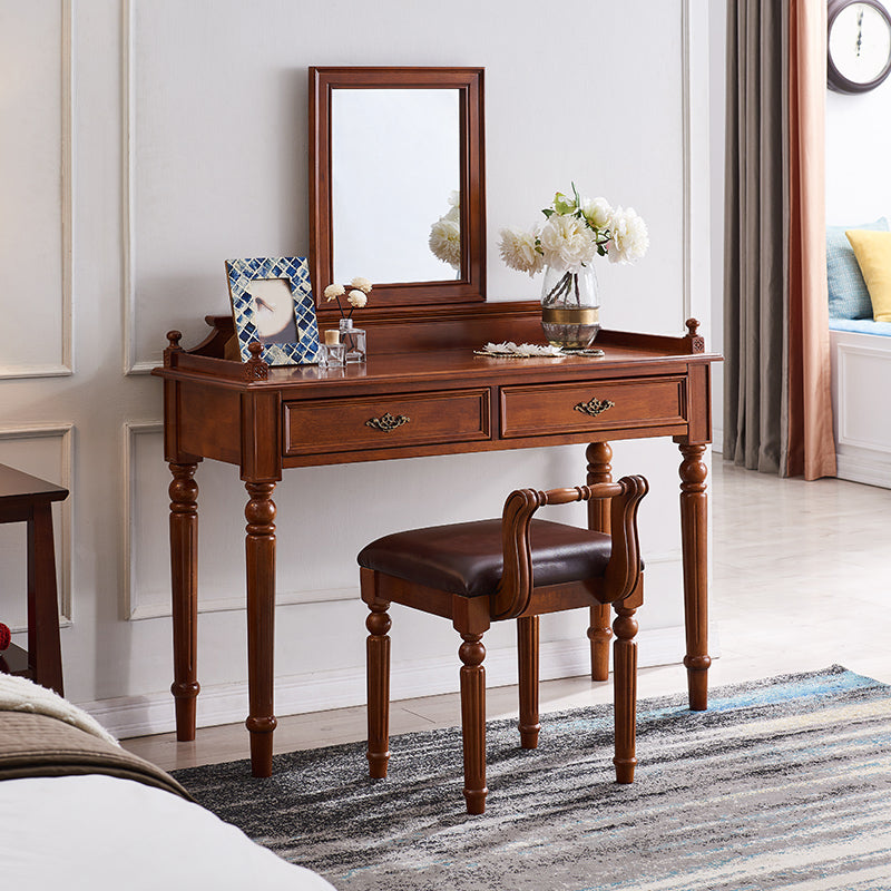 17.71" Wide Solid Wood Vanity Set with Stool Set Brown Dresser with 2-Drawer and Mirror