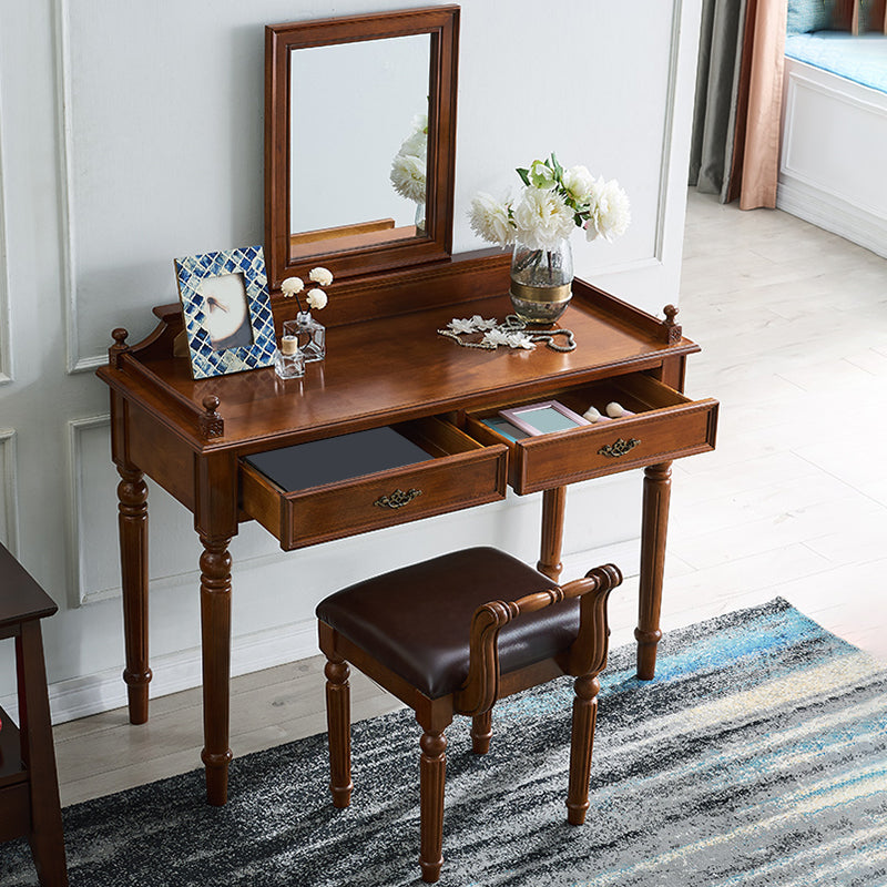 17.71" Wide Solid Wood Vanity Set with Stool Set Brown Dresser with 2-Drawer and Mirror