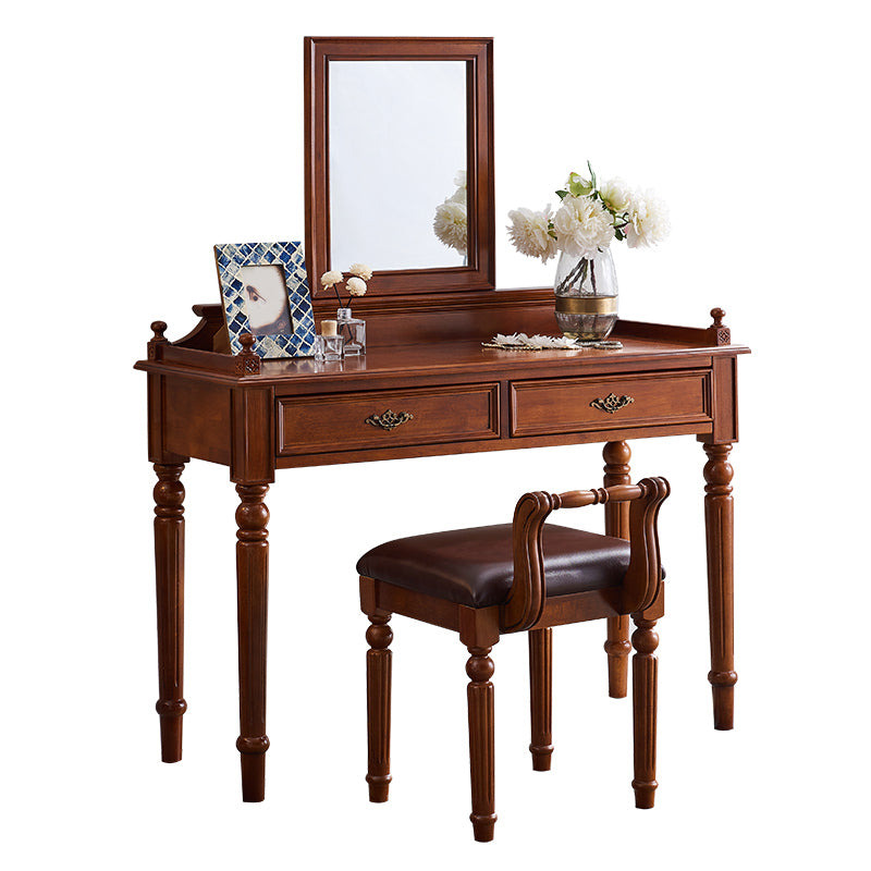 17.71" Wide Solid Wood Vanity Set with Stool Set Brown Dresser with 2-Drawer and Mirror