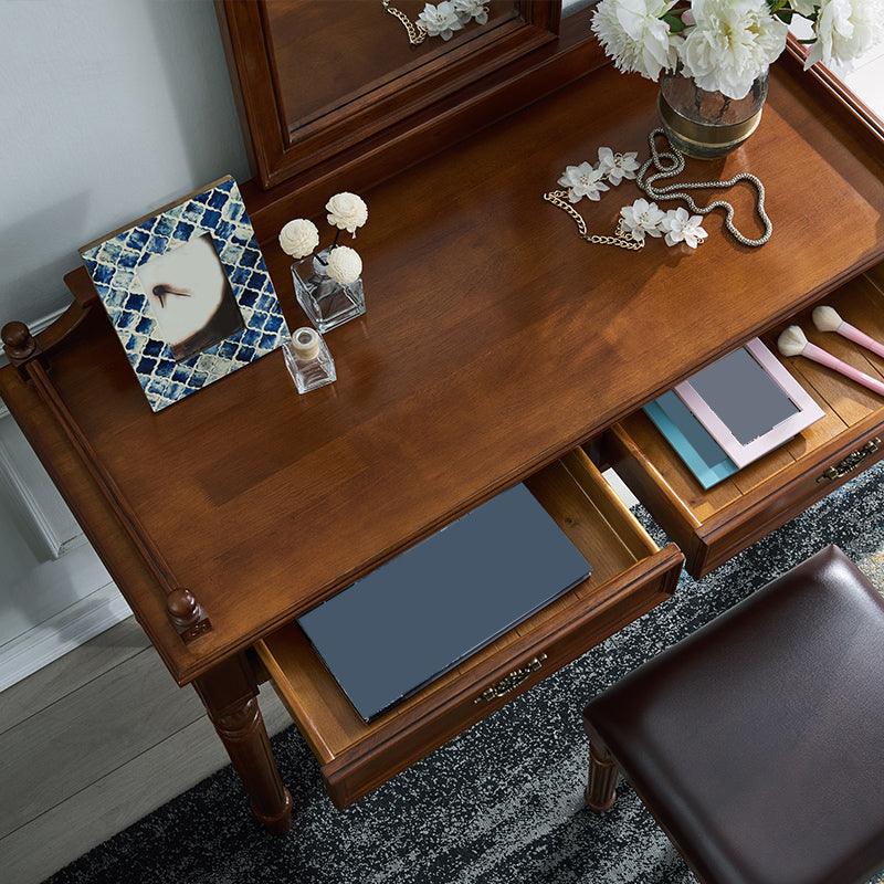 17.71" Wide Solid Wood Vanity Set with Stool Set Brown Dresser with 2-Drawer and Mirror