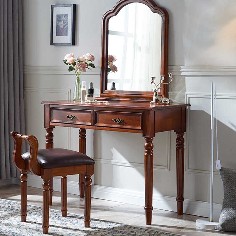 Brown Solid Wood Vanity Set with Stool Set 17.71" Wide Dresser with 2-Drawer