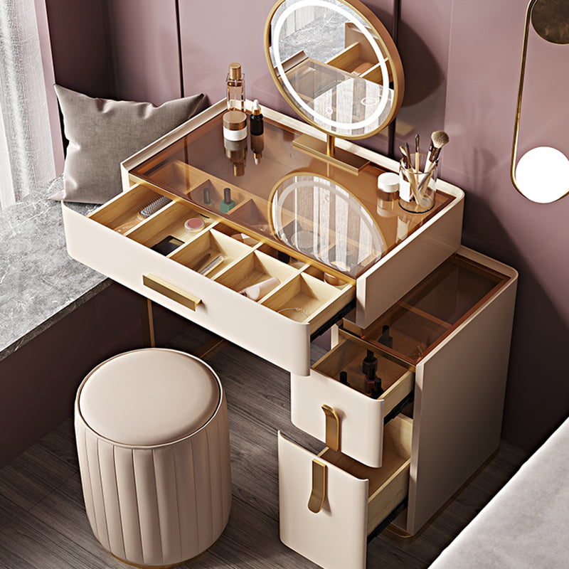 Solid Wood Glass Top Vanity Table Set with Stool & Mirror 25.59" W 3-Drawer Makeup Counter