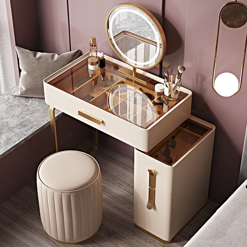 Solid Wood Glass Top Vanity Table Set with Stool & Mirror 25.59" W 3-Drawer Makeup Counter