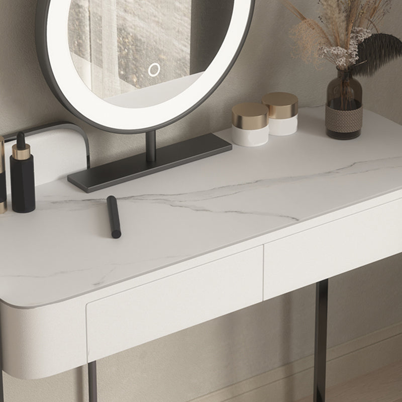 Modern Simple 2-Drawer Vanity Table Stone Top Dressing Table in White with Stool