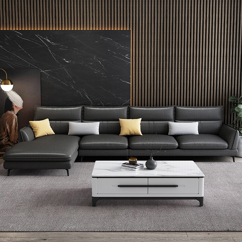 Contemporary Stationary Faux Leather Recessed Arm Sofa Chaise