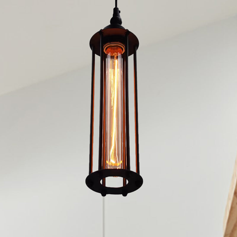 Black / Bronze Cylindre Pendant Light Metal industriel 1 chambre à coucher léger la lampe suspendue avec de l'ombre à la cage
