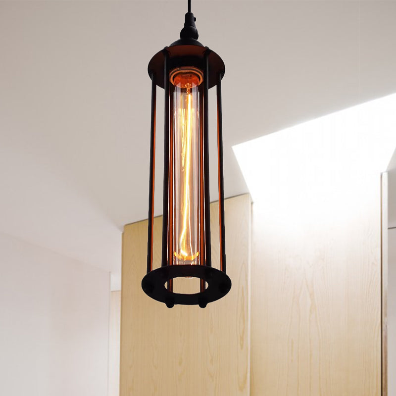 Black / Bronze Cylindre Pendant Light Metal industriel 1 chambre à coucher léger la lampe suspendue avec de l'ombre à la cage