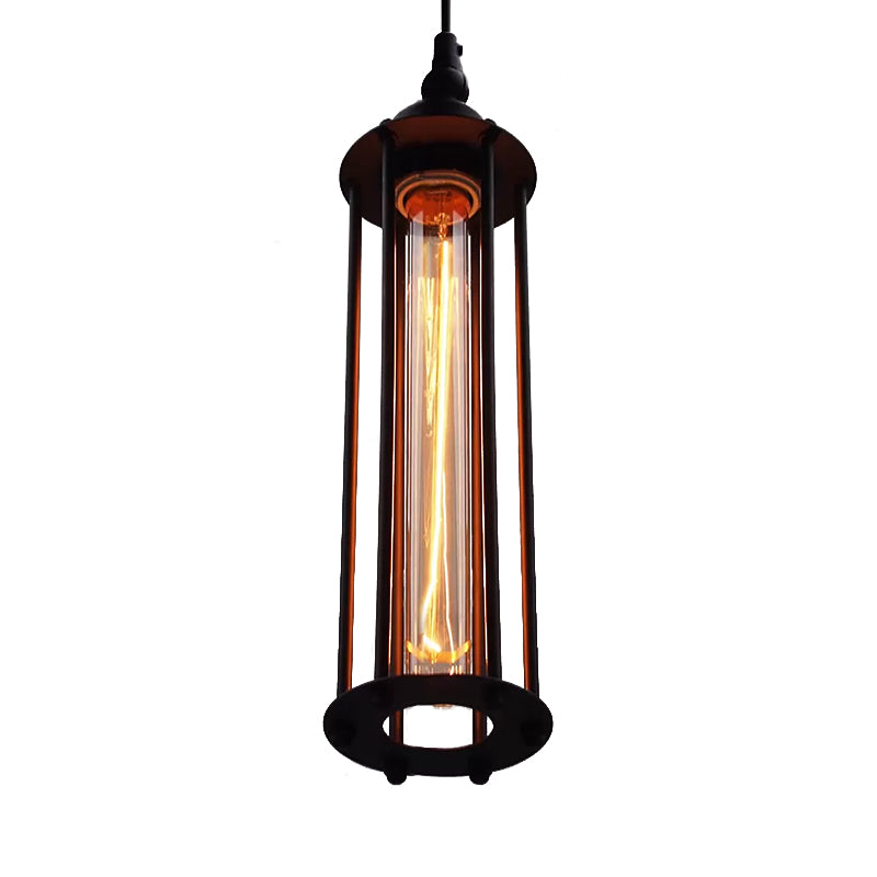 Black / Bronze Cylindre Pendant Light Metal industriel 1 chambre à coucher léger la lampe suspendue avec de l'ombre à la cage