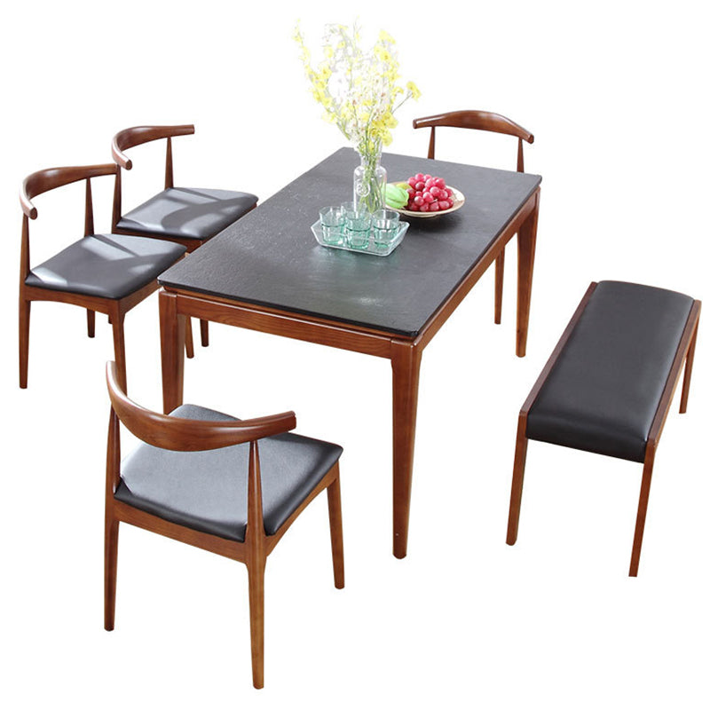 Rectangle Stone Top Table Mid-Century Modern Dining Table with 4 Wood Legs