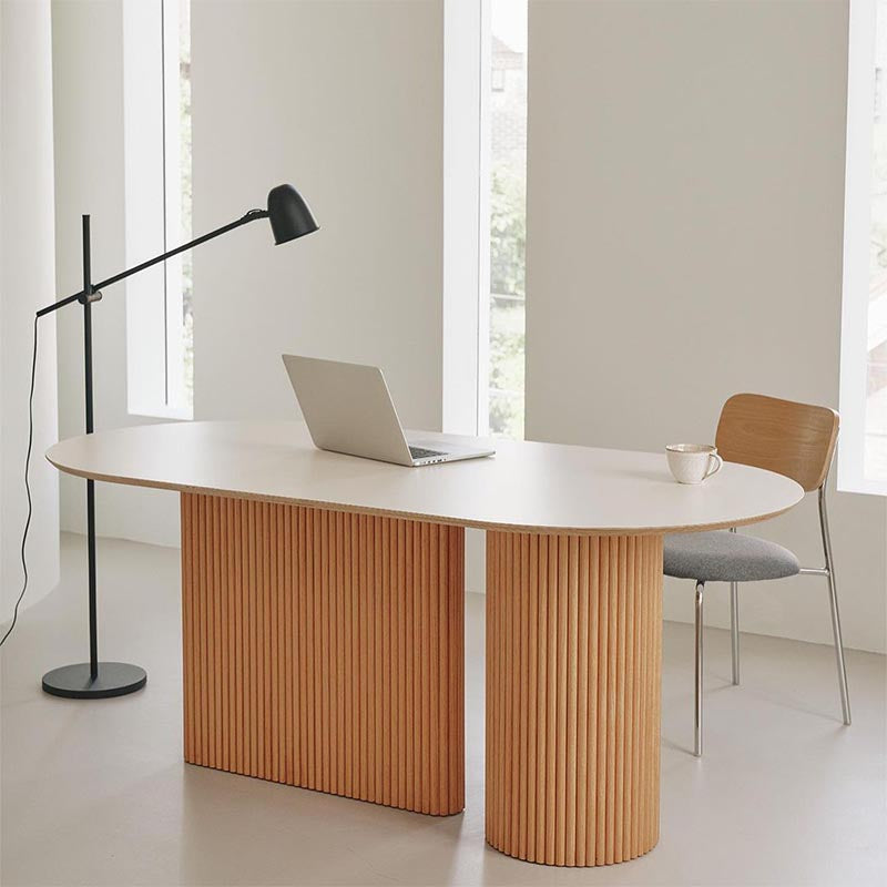 Oval Solid Wood Dining Table Modern White-natural Furniture with Double Pedestal for Home