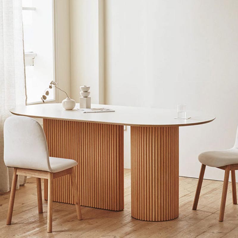Oval Solid Wood Dining Table Modern White-natural Furniture with Double Pedestal for Home