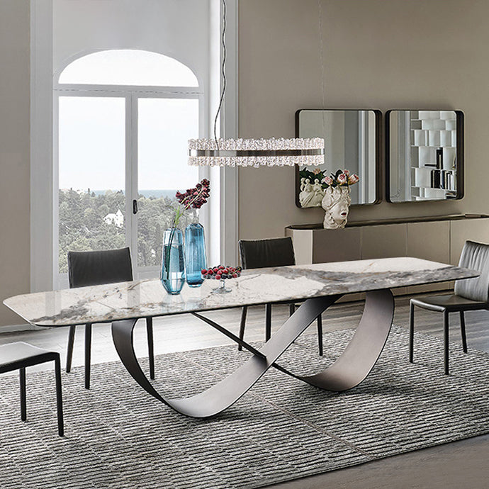 Stone Top Dining Table Industrial Rectangle Table with Pedestal Base