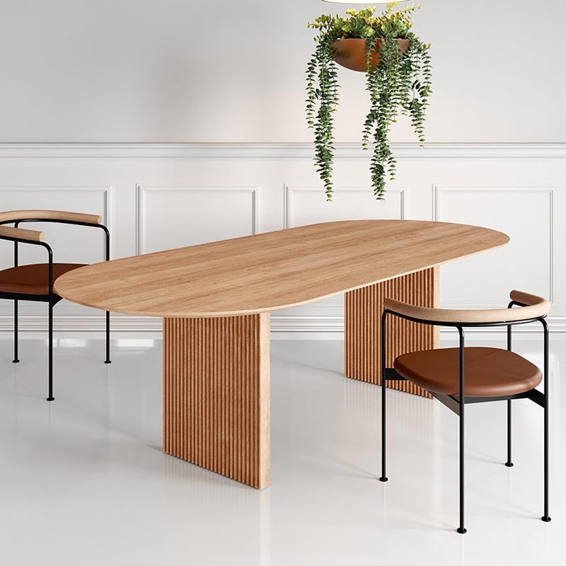 Oval Solid Wood Dining Table Modern Brown-natural Furniture with Double Pedestal Home