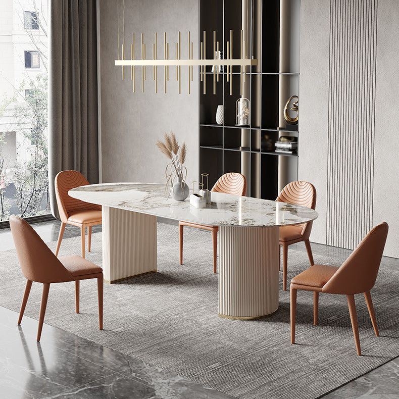 Oval Dining Table Traditional Luxury Stone Dining Table with Double Pedestal