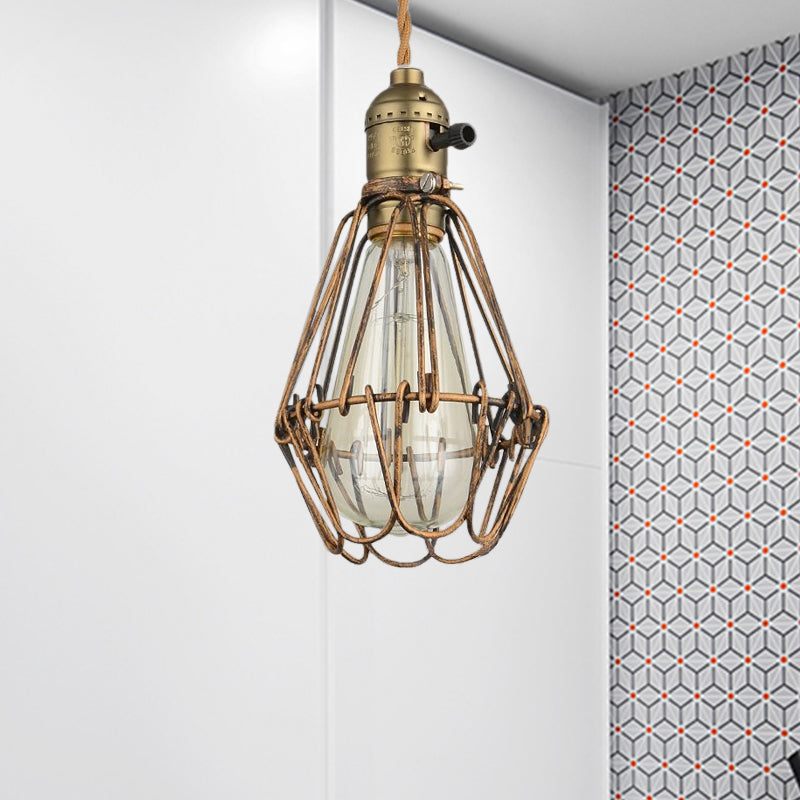 Rustic Style Diamond Cage Hanging Light 1 Head Wrought Iron Pendant Lighting in Black/Brass for Restaurant