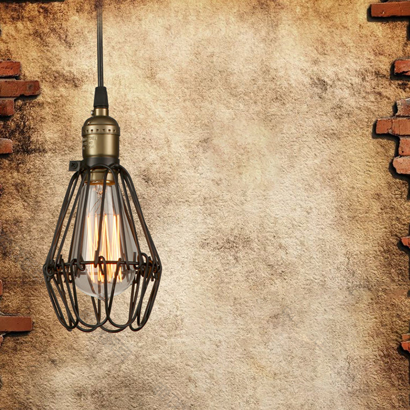 Rustic Style Diamond Cage Hanging Light 1 Head Wrought Iron Pendant Lighting in Black/Brass for Restaurant