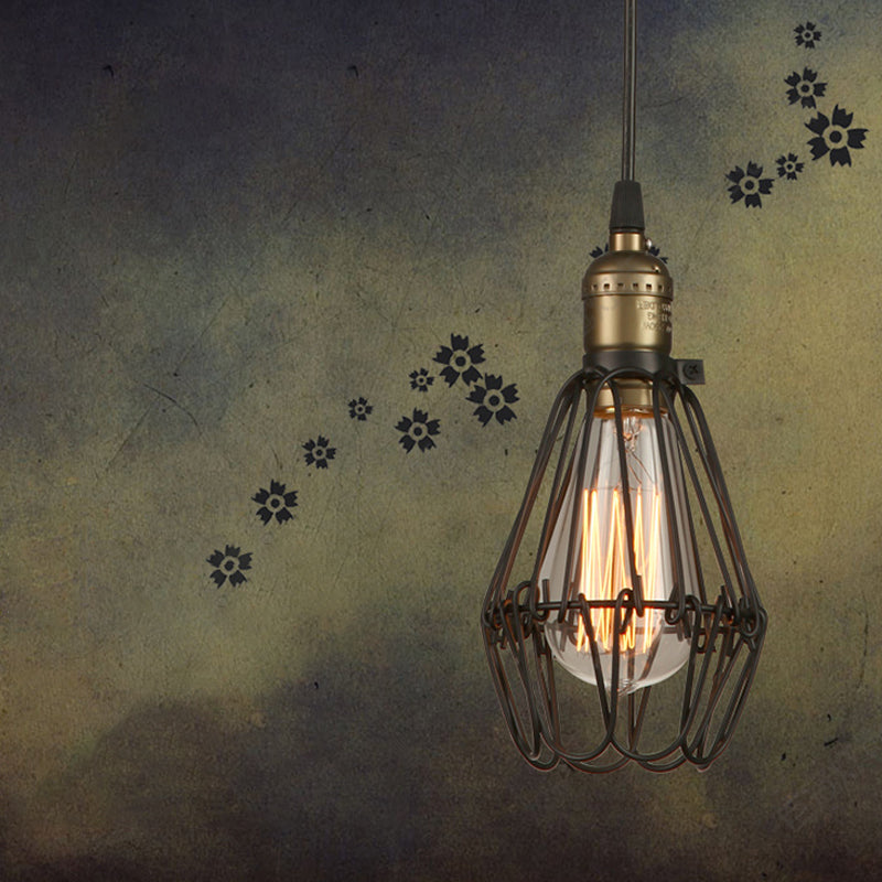 Rustic Style Diamond Cage Hanging Light 1 Head Wrought Iron Pendant Lighting in Black/Brass for Restaurant