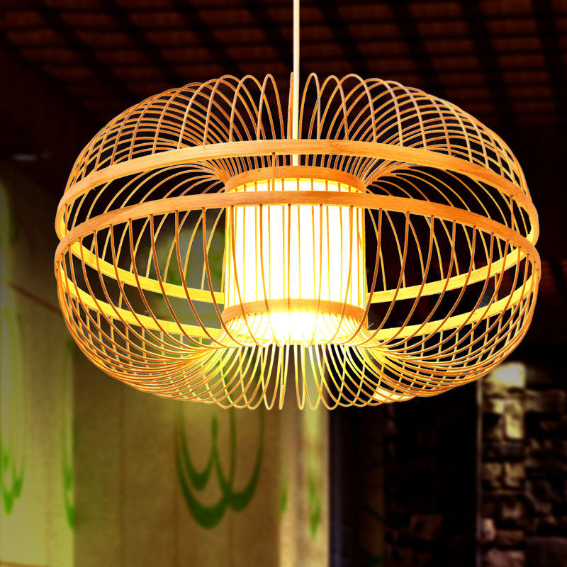Bamboo Lantern Shade Suspension Lamp Modern Single Light Ceiling Pendant in Wood