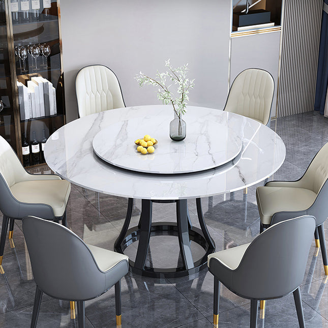 Round Sintered Stone Dining Table Modern Turntable Furniture with Solid Wood Pedestal Base