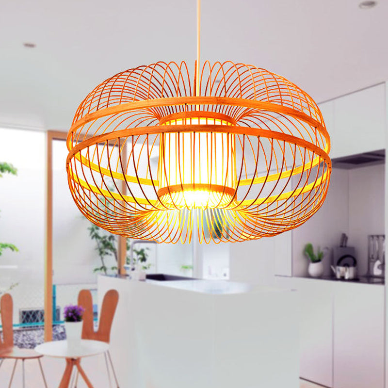 Bamboo Lantern Shade Suspension Lamp Modern Single Light Ceiling Pendant in Wood