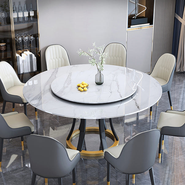 Round Sintered Stone Dining Table Modern Turntable Furniture with Solid Wood Pedestal Base