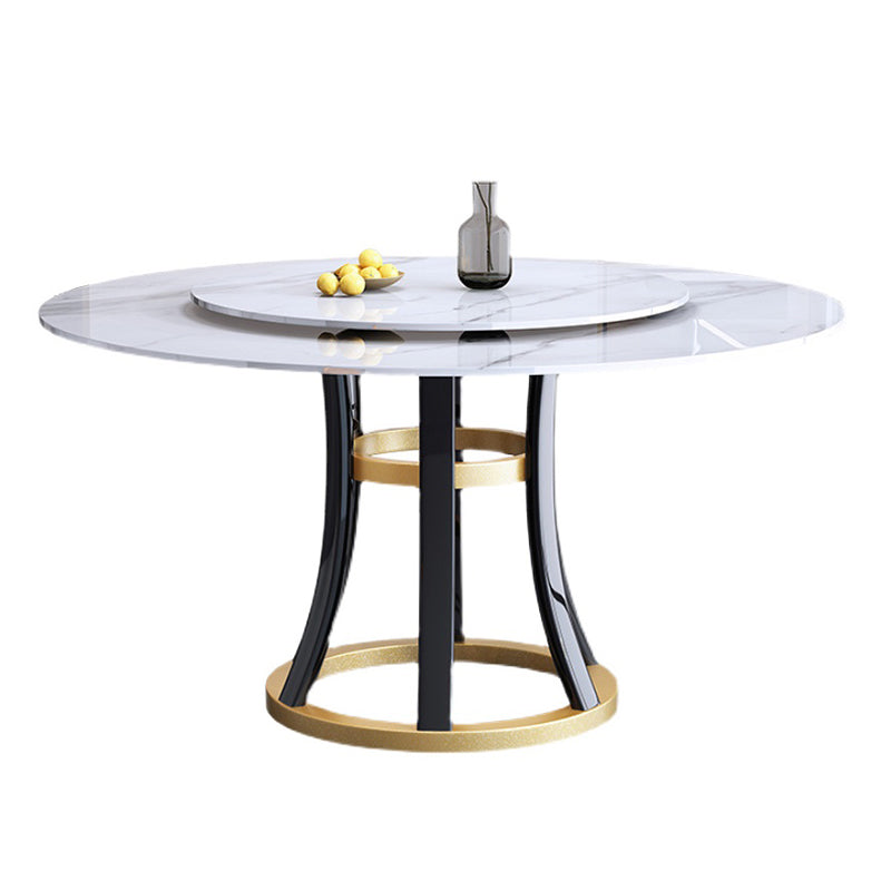 Round Sintered Stone Dining Table Modern Turntable Furniture with Solid Wood Pedestal Base