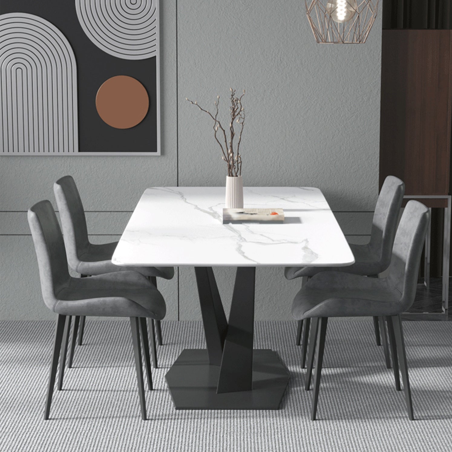 Rectangular Stone Dining Table Modern Furniture with Steel Base for Apartment