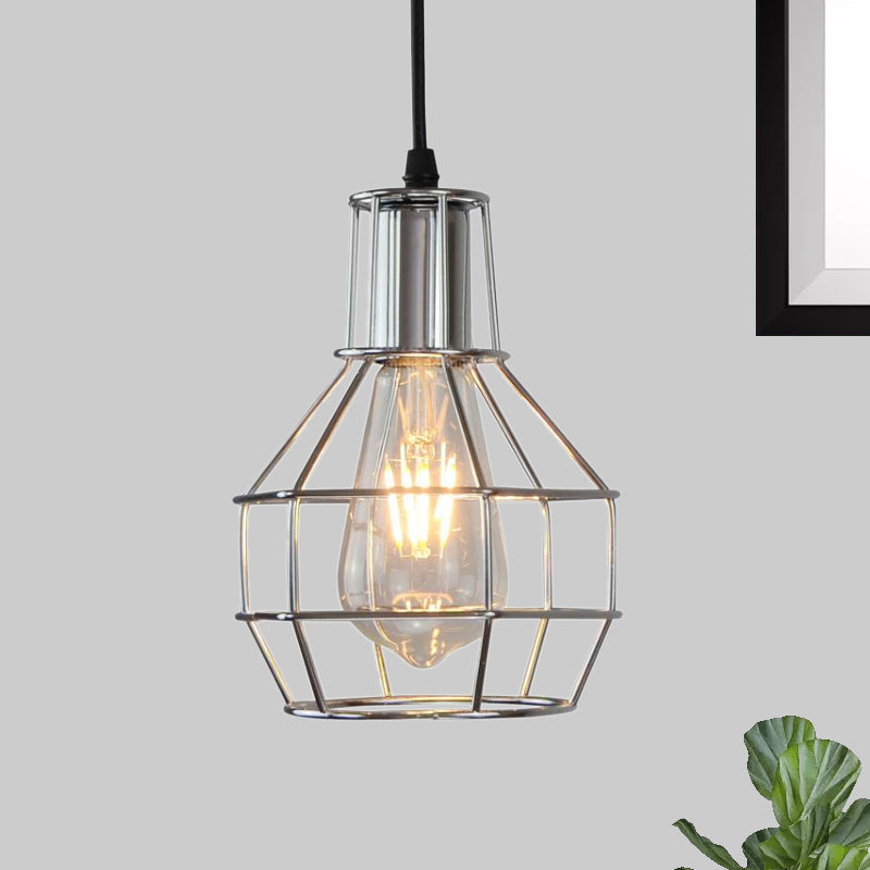 Silver/Gold Global Ceiling Fixture Loft Stylish Metal 1 Light Coffee Shop Hanging Lamp with Cage Shade and Cord
