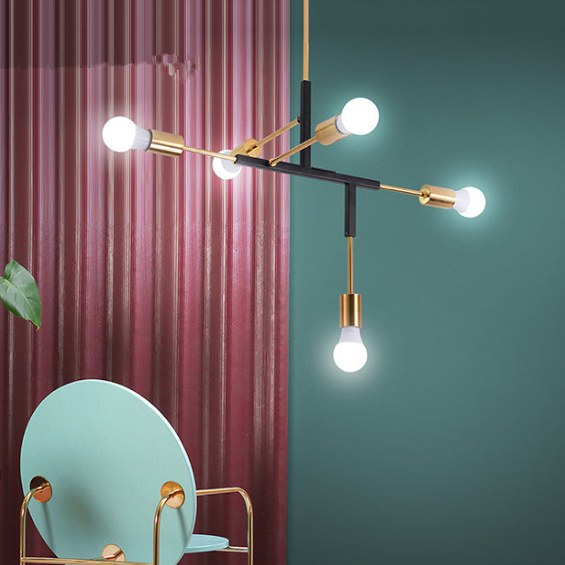 5 Arms Hanging Light Post Modern Metal Bare Bulbs Black/Gold Chandelier Pendant Light