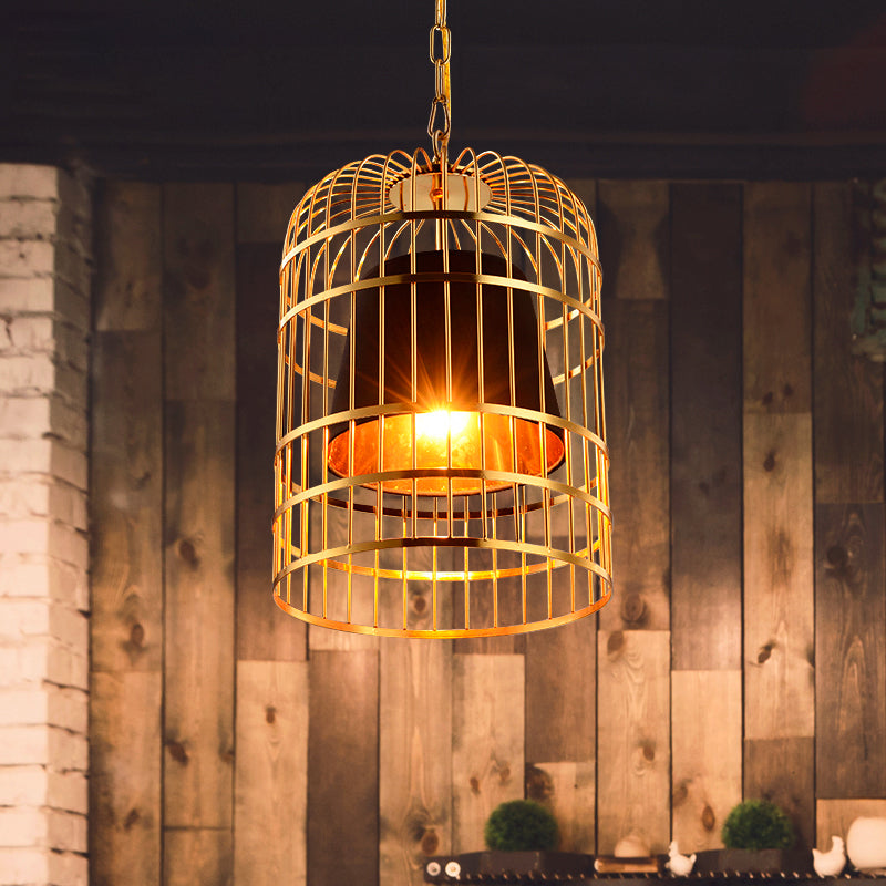 Bird Cage Dining Room Pendant Light Vintage Metal 1 Light Red/White Hanging Lamp with Tapered Fabric Shade