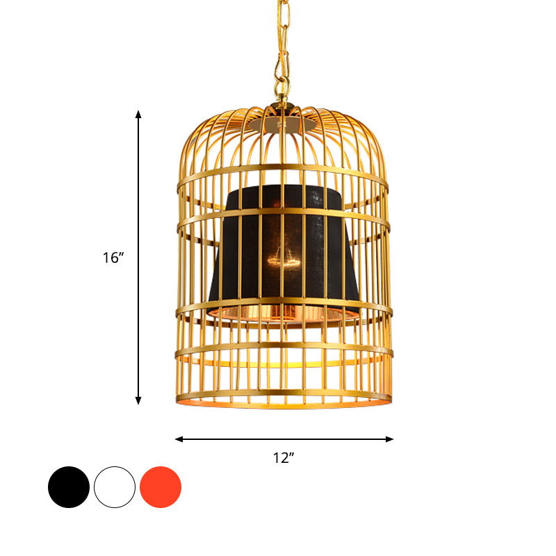 Bird Cage Dining Room Pendant Light Vintage Metal 1 Light Red/White Hanging Lamp with Tapered Fabric Shade