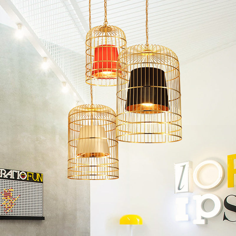 Bird Cage Dining Room Pendant Light Vintage Metal 1 Light Red/White Hanging Lamp with Tapered Fabric Shade