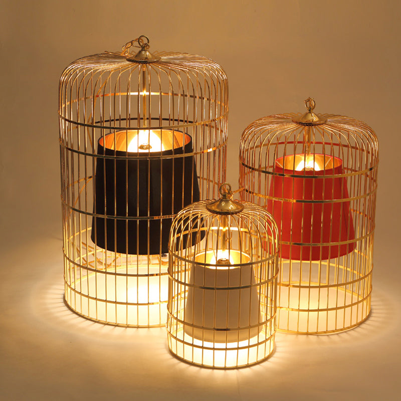 Bird Cage Dining Room Pendant Light Vintage Metal 1 Light Red/White Hanging Lamp with Tapered Fabric Shade