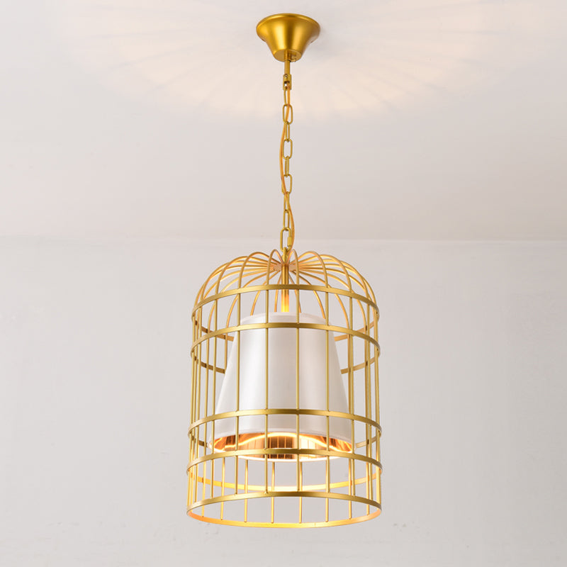 Bird Cage Dining Room Pendant Light Vintage Metal 1 Light Red/White Hanging Lamp with Tapered Fabric Shade