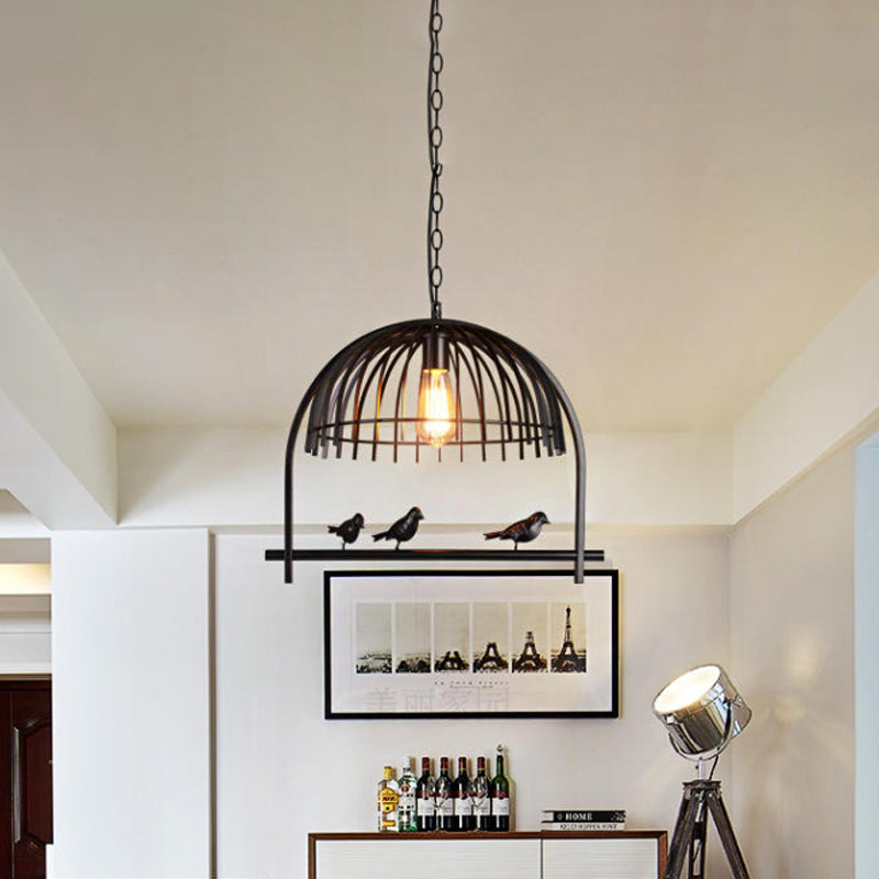 Lodge Style Birdcage Design Hanging Light Fixture 1 Head Iron Pendant Lighting with Wire Dome Shade in Rust/Black