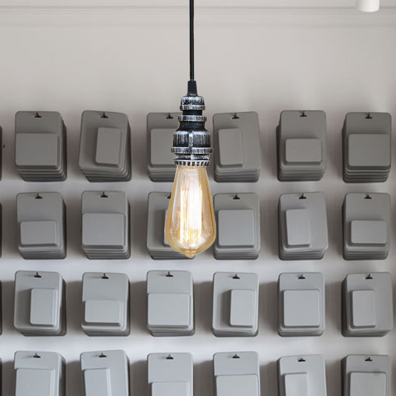 Industrial Stylish Open Bulb Ceiling Fixture 1 Head Metal Adjustable Hanging Lamp with Pipe in Black/Silver