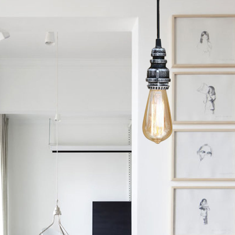 Industrial Stylish Open Bulb Ceiling Fixture 1 Head Metal Adjustable Hanging Lamp with Pipe in Black/Silver