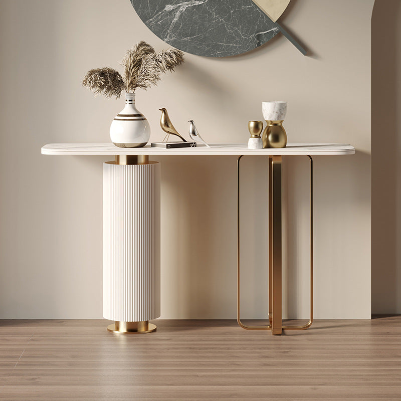 Glam Stone Console Sofa Table Rectangle Metal End Table for Hall