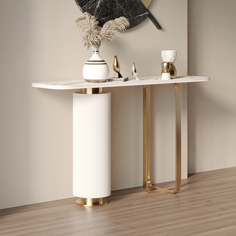 Glam Stone Console Sofa Table Rectangle Metal End Table for Hall