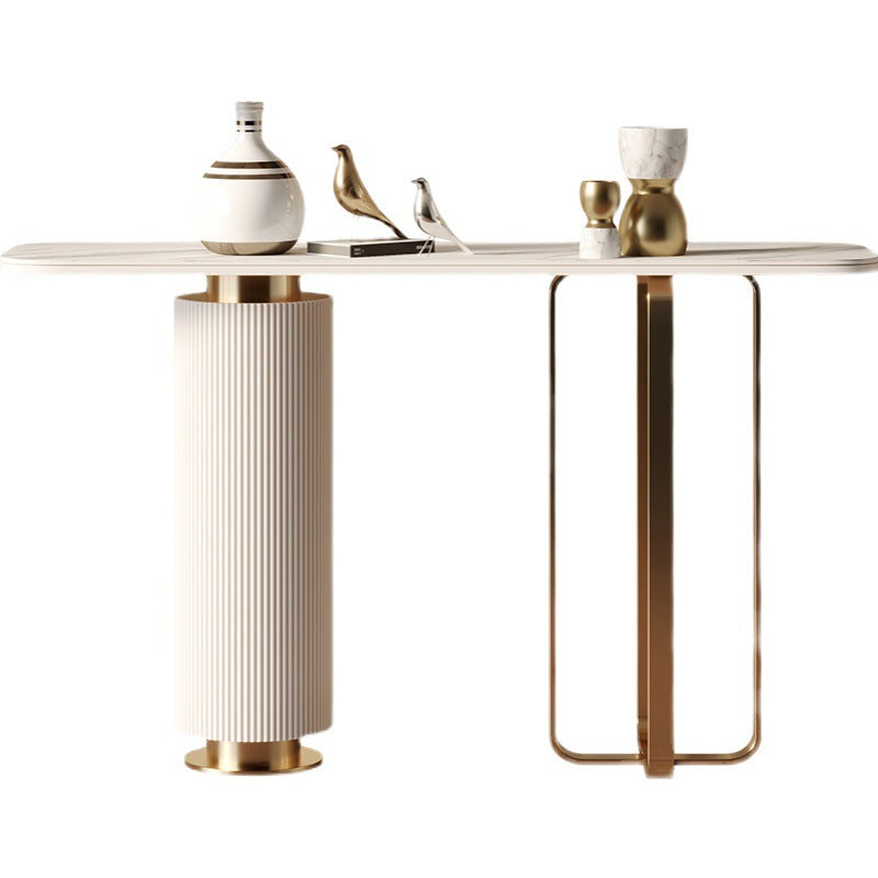 Glam Stone Console Sofa Table Rectangle Metal End Table for Hall