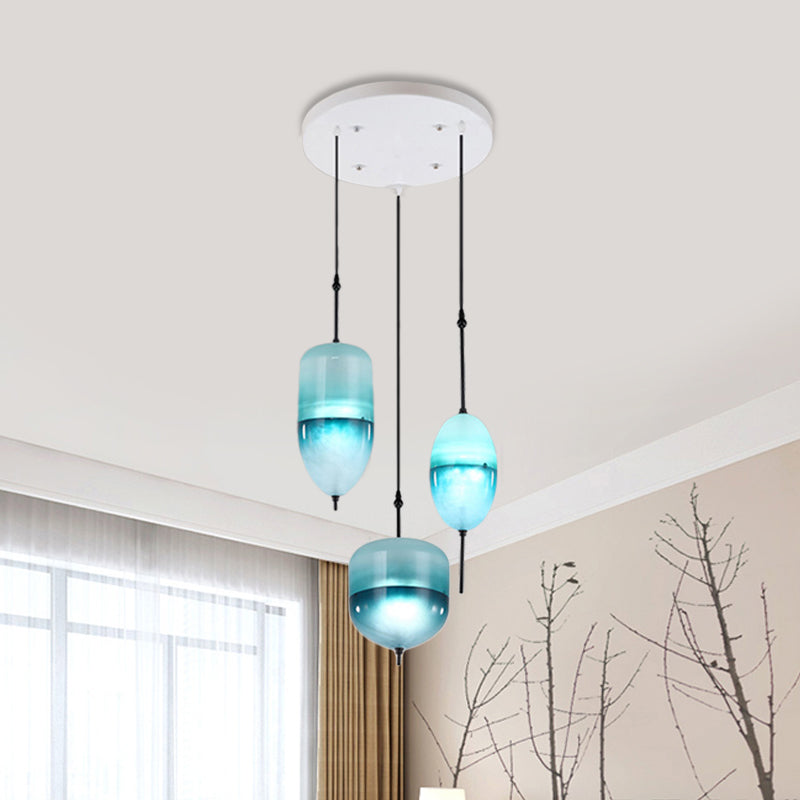 Modernist Teardrop Cluster Pendant Glass 3 Lights Living Room Hanging Light Fixture in Blue
