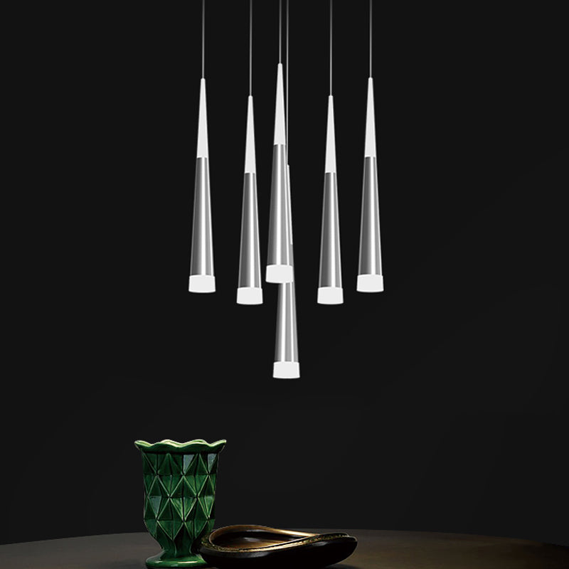 Tapered Hanging Lamp Modern Metal 5/6 Heads Silver Hanging Pendant Light for Dining Room in Warm/White/Neutral