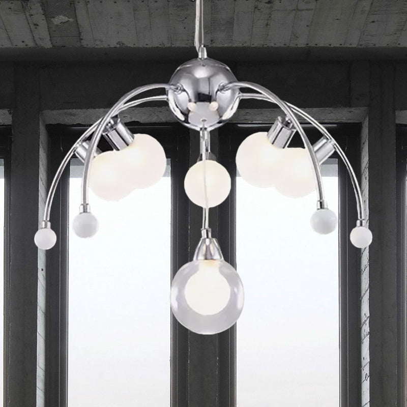 Chrome Bubble Chandelier Lighting Modernist 6/9 Lights White Glass Led Ceiling Fixture with Curved Arm