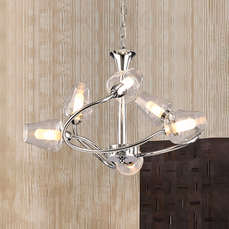 Cone Chandelier Lighting Modernist Clear Glass Multi Lights Led Chrome Ceiling Pendant Lamp with Curved Arm and Chain