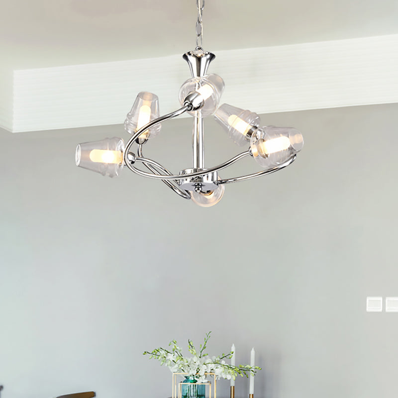 Cone Chandelier Lighting Modernist Clear Glass Multi Lights Led Chrome Ceiling Pendant Lamp with Curved Arm and Chain