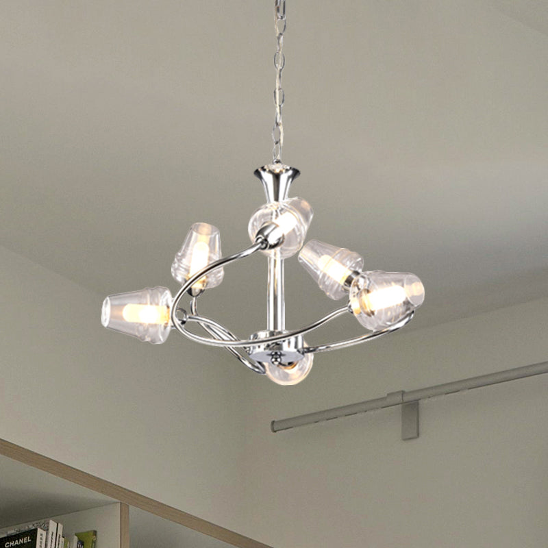 Cone Chandelier Lighting Modernist Clear Glass Multi Lights Led Chrome Ceiling Pendant Lamp with Curved Arm and Chain